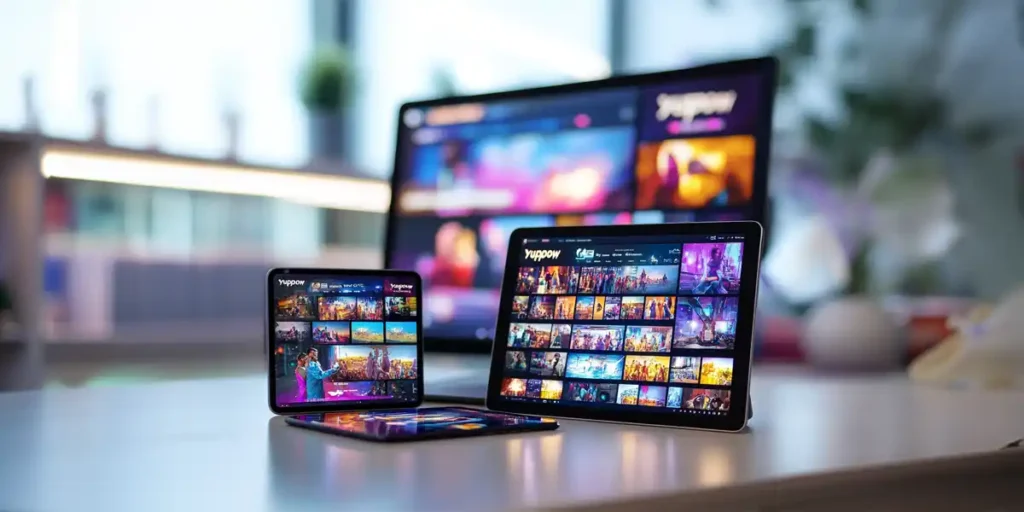 Yuppow streaming on various devices like a smartphone, tablet, and smart TV.